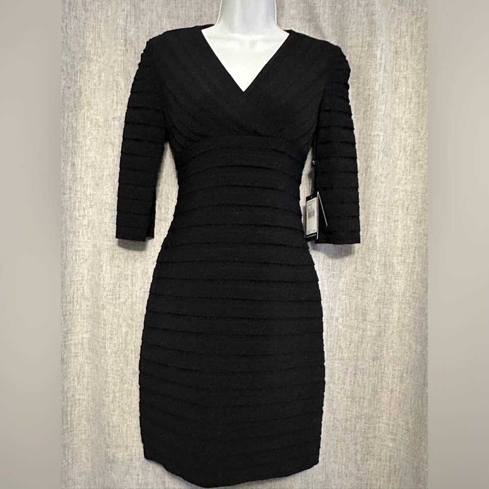 NWT ADRIANNA PAPELL Little Black Bodycon Dress Bandage Ruffled Tiered 0P $100 - Picture 4 of 10
